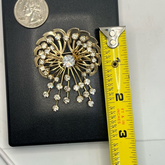 Art Deco clear rhinestone gold tone flower bow brooch pin or pendant fr necklace